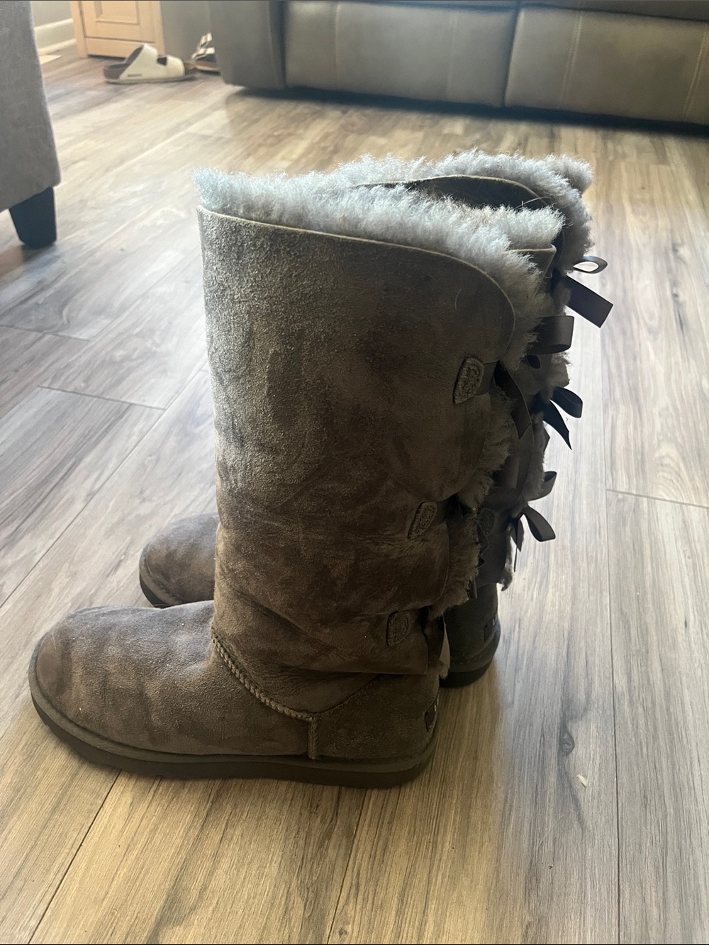 Authentic UGG gray tall Boots with Back Ribbon Detail